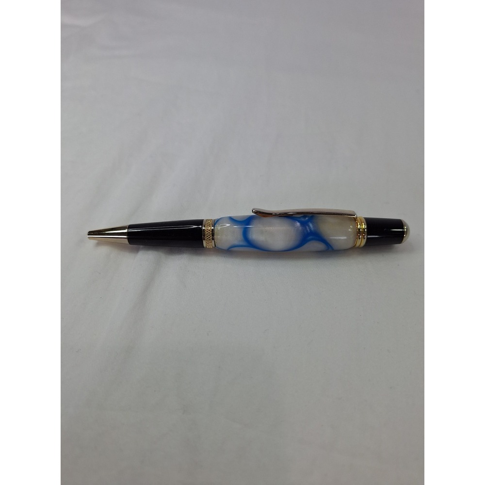 Handmade Marbled Resin Ballpoint Pen Blue White Swirl Gold Tone Trim Twist